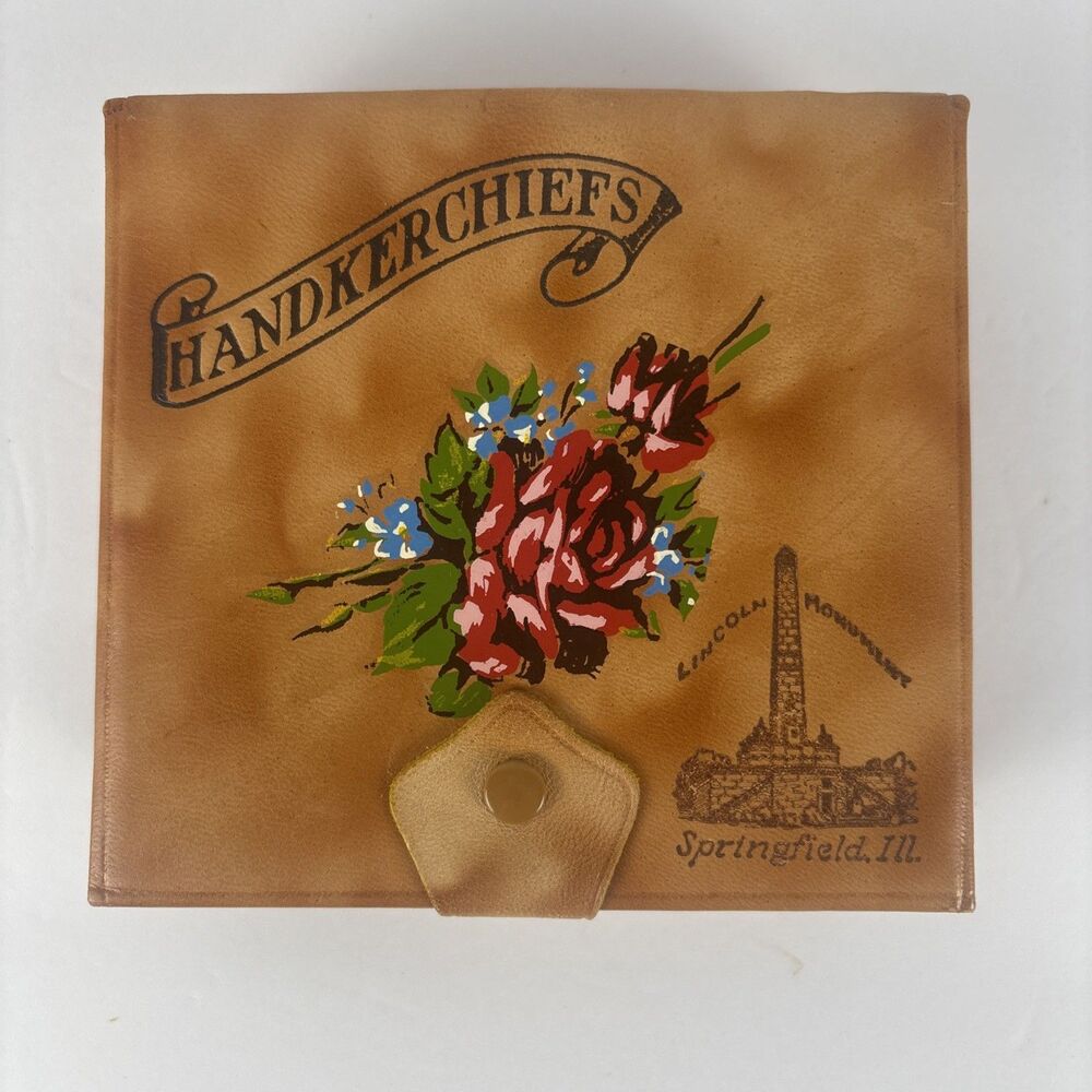 Leather Souvenir Handkerchiefs box Springfield IL Lincoln Monument Roses Handpai